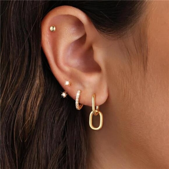 Gold Hoop & Stud Earring Set–Layered Look with Minimalist Set Sparkle & Shape - Picture 2 of 7